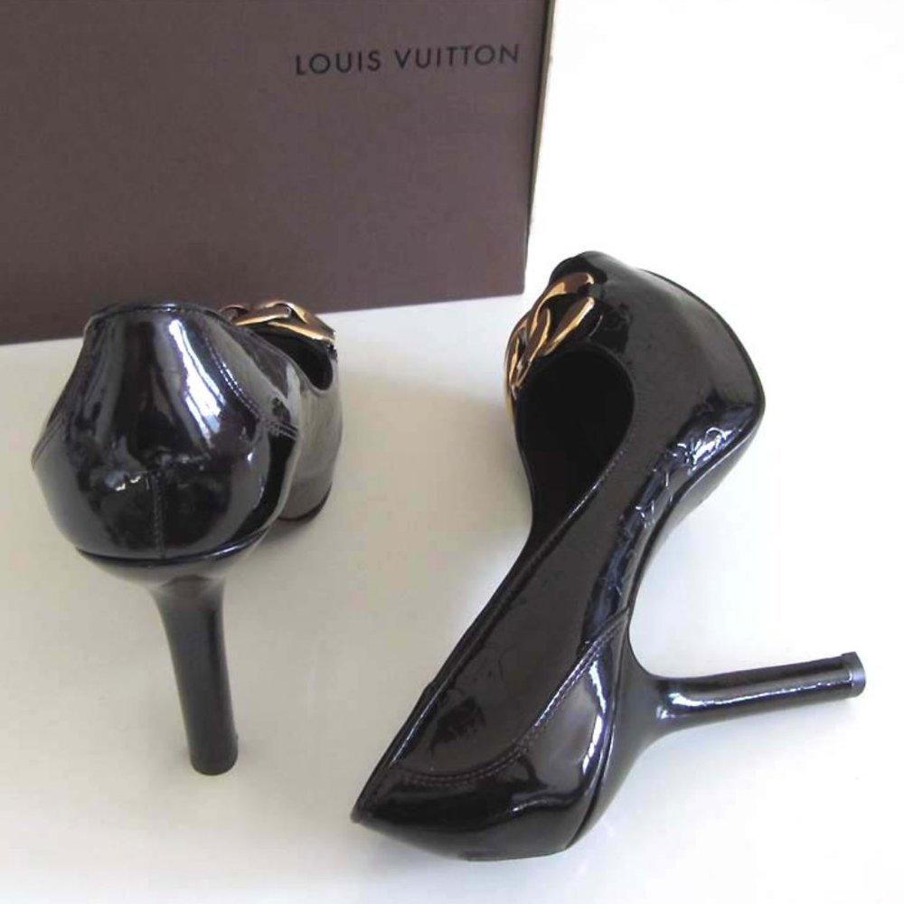 new LOUIS VUITTON Monogram Vernis chain peep toe pumps 8.5 US 38.5 - Picture 10 of 13